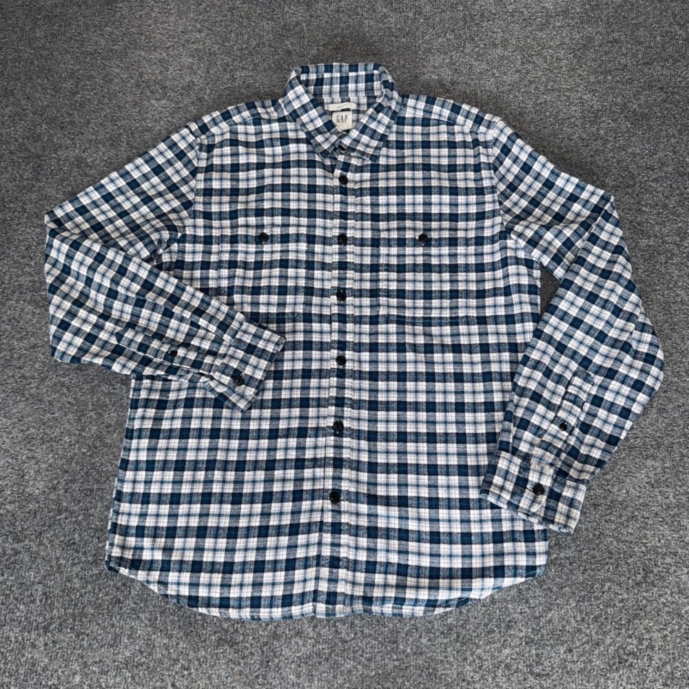 Gap Mens Untucked Plaid Flannel Shirt Blue White Cotton Button Down Size M